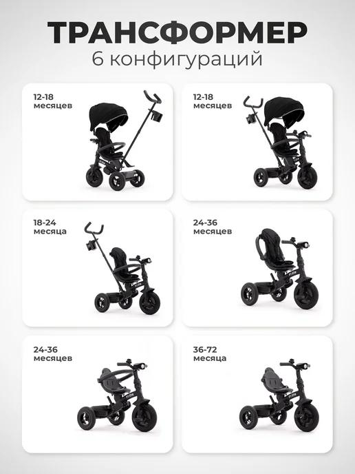 CARING STAR Велосипед трёхколёсный детский с ручкой, трансформер, черный, фото 2
