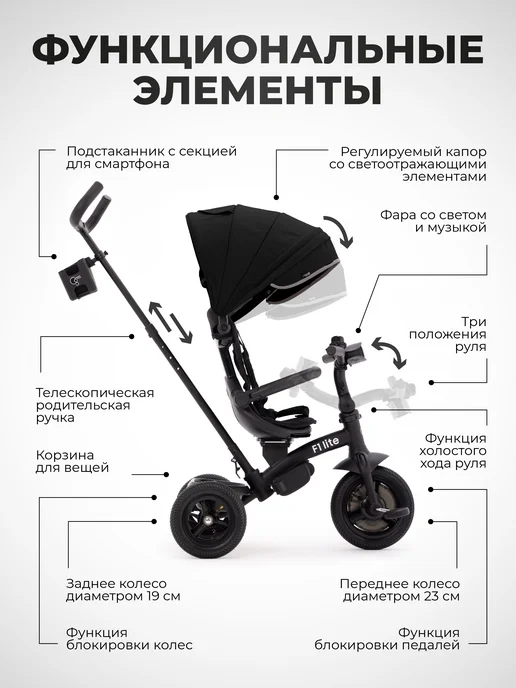 CARING STAR Велосипед трёхколёсный детский с ручкой, трансформер, черный, фото 4