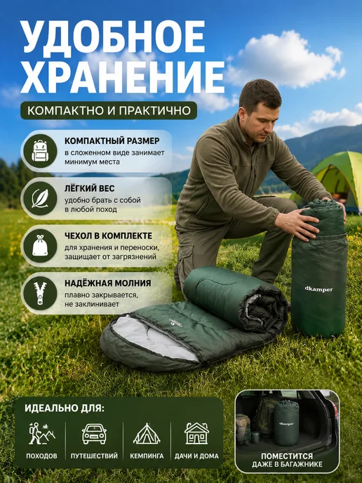 Спальный мешок кокон туристический с капюшоном, зеленый, фото 7