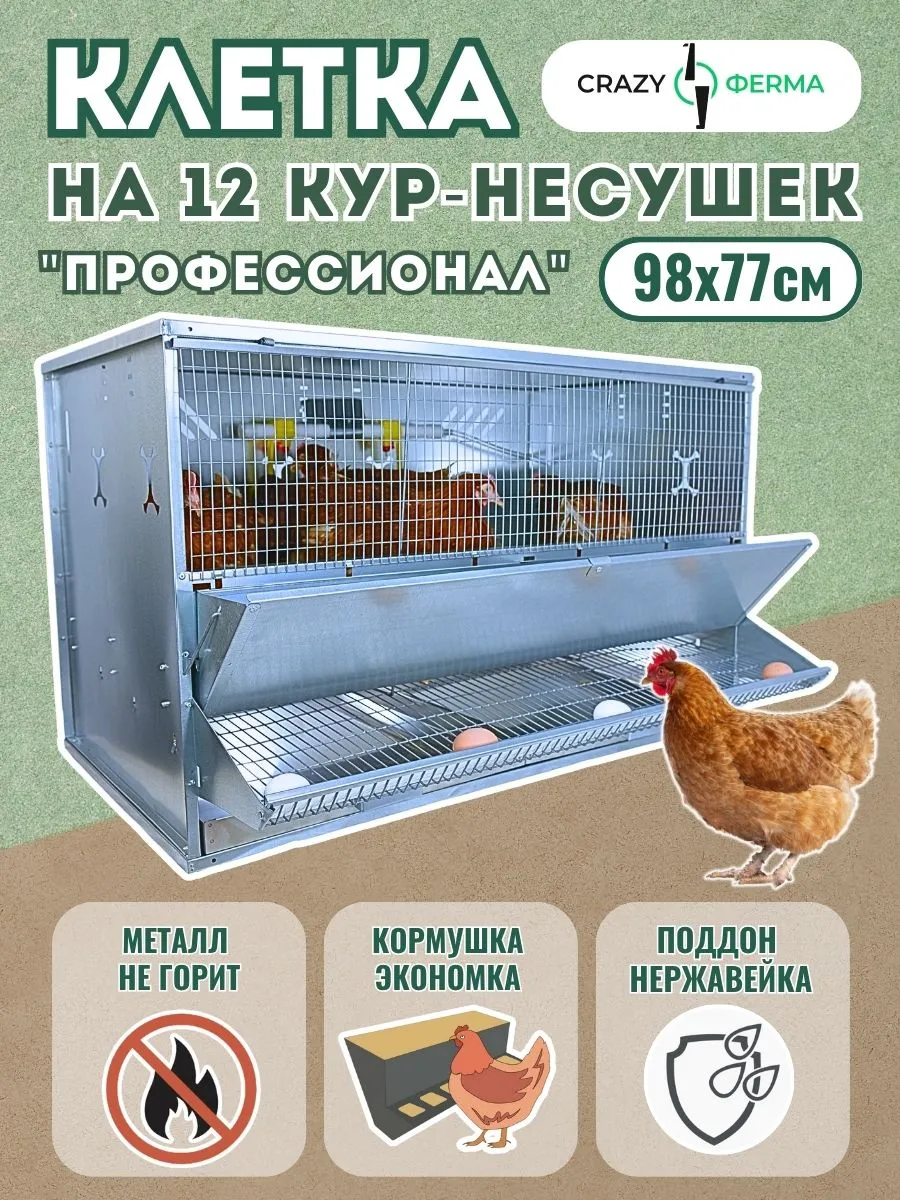Клетка Профессионал  95 /  для кур несушек /  два поддона  с высотой бортика 4 см /  поддон из нержавеющего металла / корпус из оцинкованного металла / 1 ярус