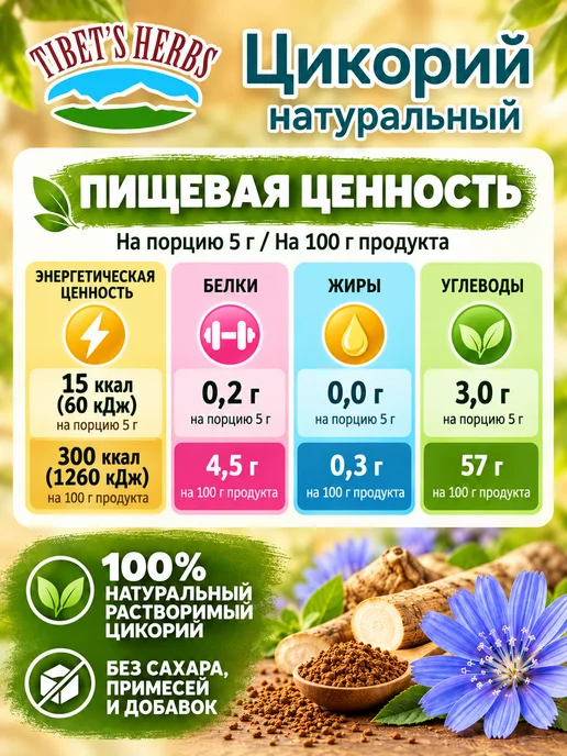 TIBET'S HERBS Цикорий Тибетский 2 шт. по 160 г. растворимый, Индия, 4 шт, 100 г, фото 2