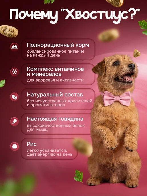 Сухой корм ХВОСТиУС для собак, мелкие, говядина, 3 кг, фото 2