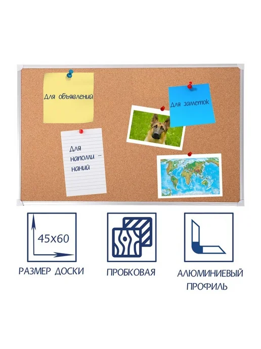 Calligrata Маленькая пробковая доска "Стандарт" на стену, А2, 45х60 см, 45x60 см, фото 2